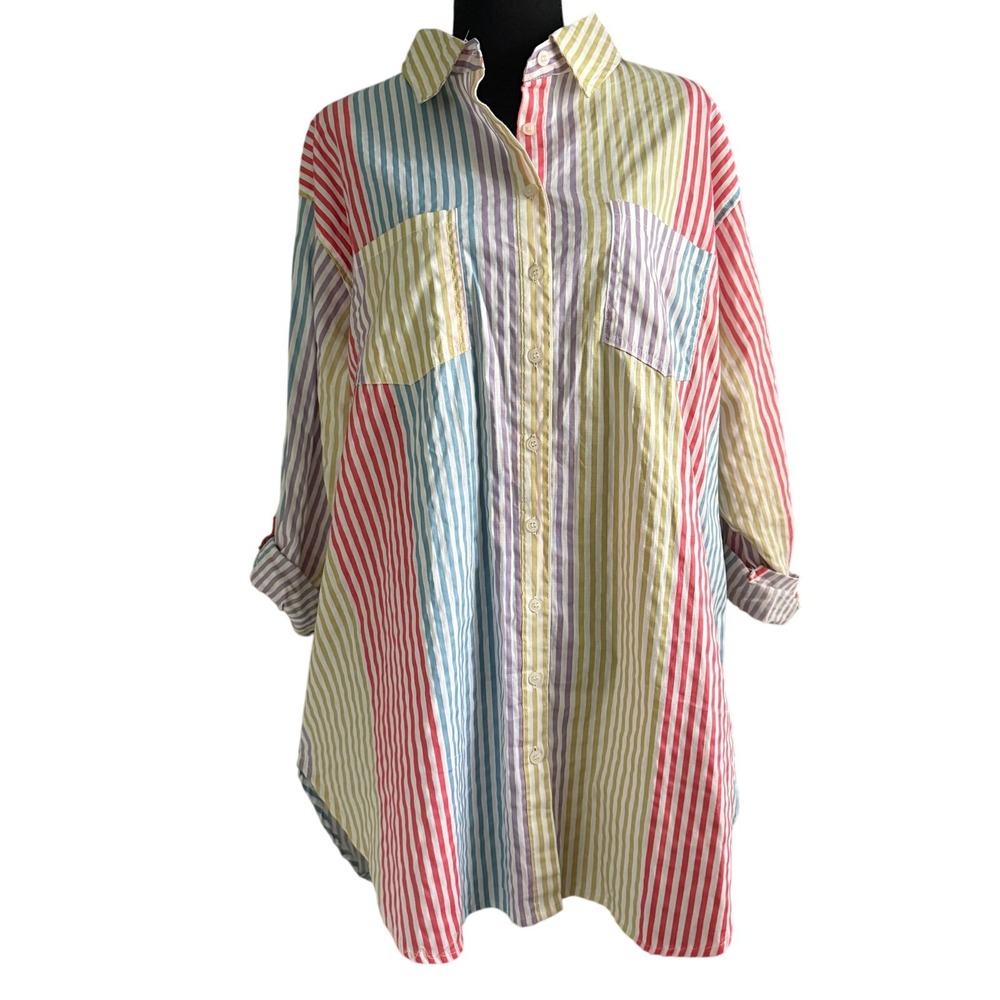 VTG Rouge Women's 2X Striped Preppy Boyfriend Shirt Tunic Top Beachy Lagenlook‎